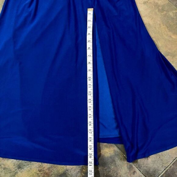 Morgan & Co. Blue Maxi Plunging V neck, Side Mesh Cutouts A-Line Size 5 - Picture 13 of 16